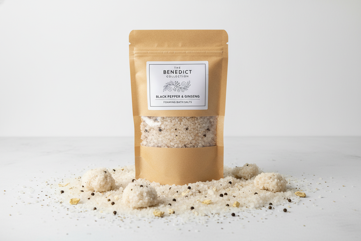 Black Pepper & Ginseng foaming bath salts in a kraft pouch with salts on the work surface with the Company name The Benedict Collection
