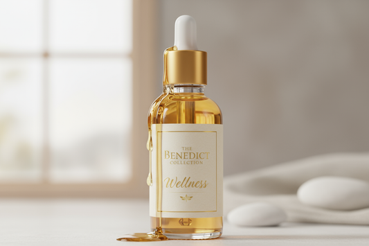 Body Oil in a dropper bottle with oil dripping down the side with the Company name The Benedict Collection with the fragrance called Wellness which is part of the spa range