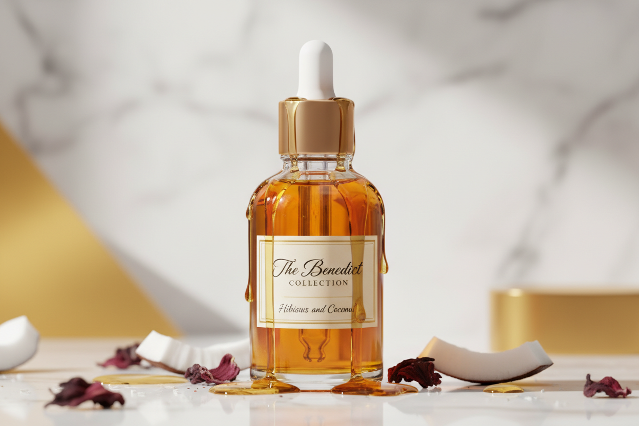 body oil in a dropper bottle with the fragrance of Hibiscus and Coconut with the oil dripping down the bottle and the company name on the bottle The Benedict Collection