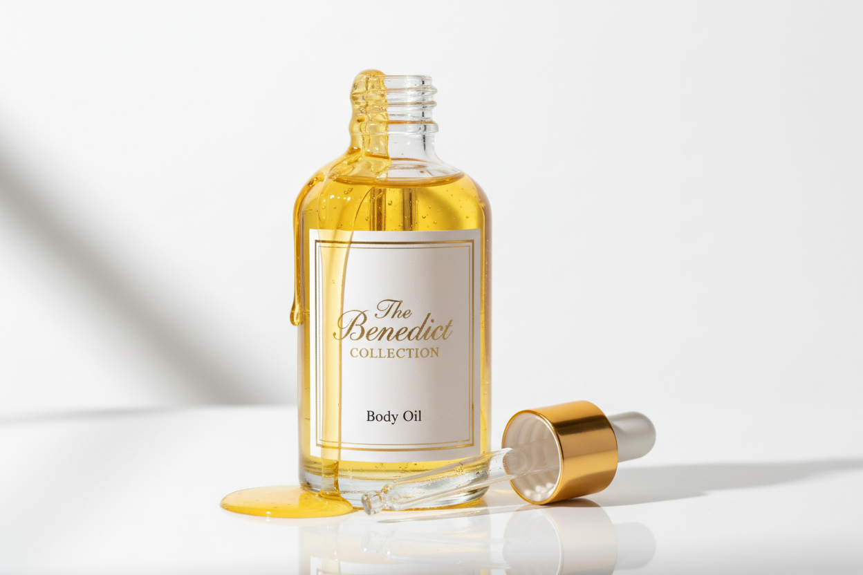 body oils in dropper bottles, oil dripping down the bottle with the company name on the bottle The Benedict Collection