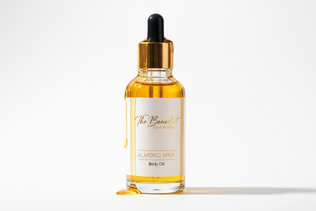 dropper bottle body oil with oil dripping down the bottle with the company name on the bottle The Benedict Collection with the fragrance Almond Milk