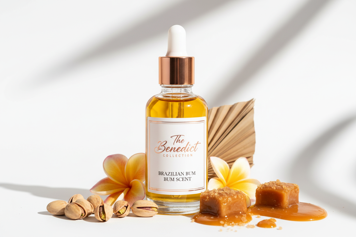 dropper bottle body oil with the fragrance of bum bum cream with my business name The Benedict Collection