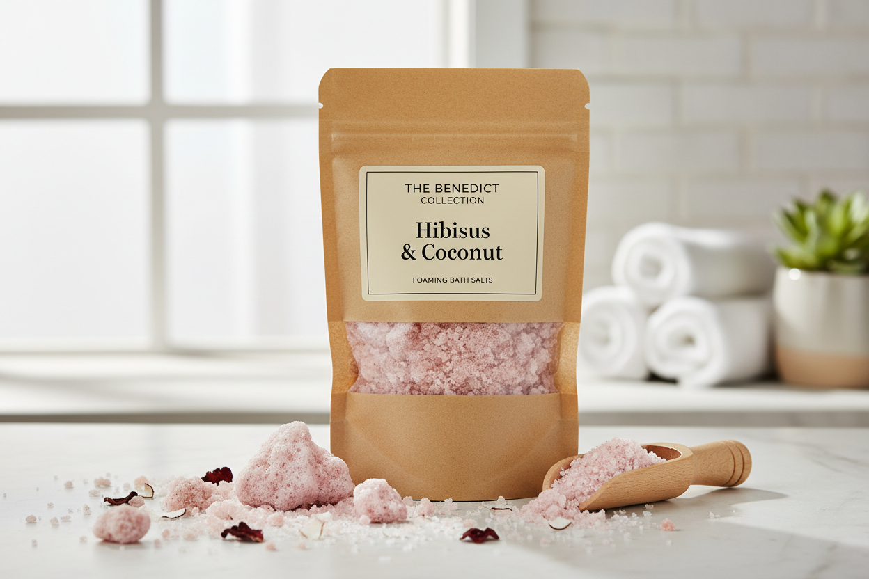 foaming bath salts in a brown kraft pouch containing foaming bath salts with the company name of The Benedict Collection with the fragrance on the packet Hibiscus & Coconut with some salt on the work top