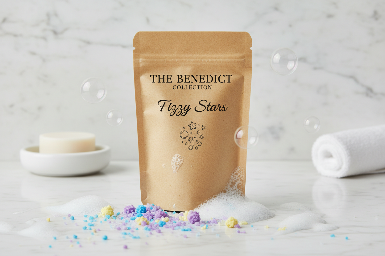 foaming bath salts with salts on the counter, displaying the company name The Benedict Collection in a kraft pouch with the fragrance name Fizzy Stars