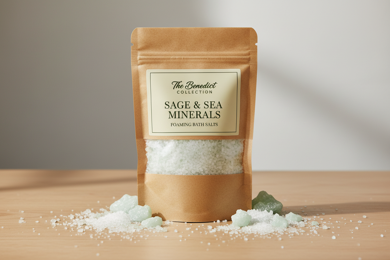 kraft pouch containing foaming bath salts with the name The Benedict Collection with Sage & Sea Minerals with salts on the work surface