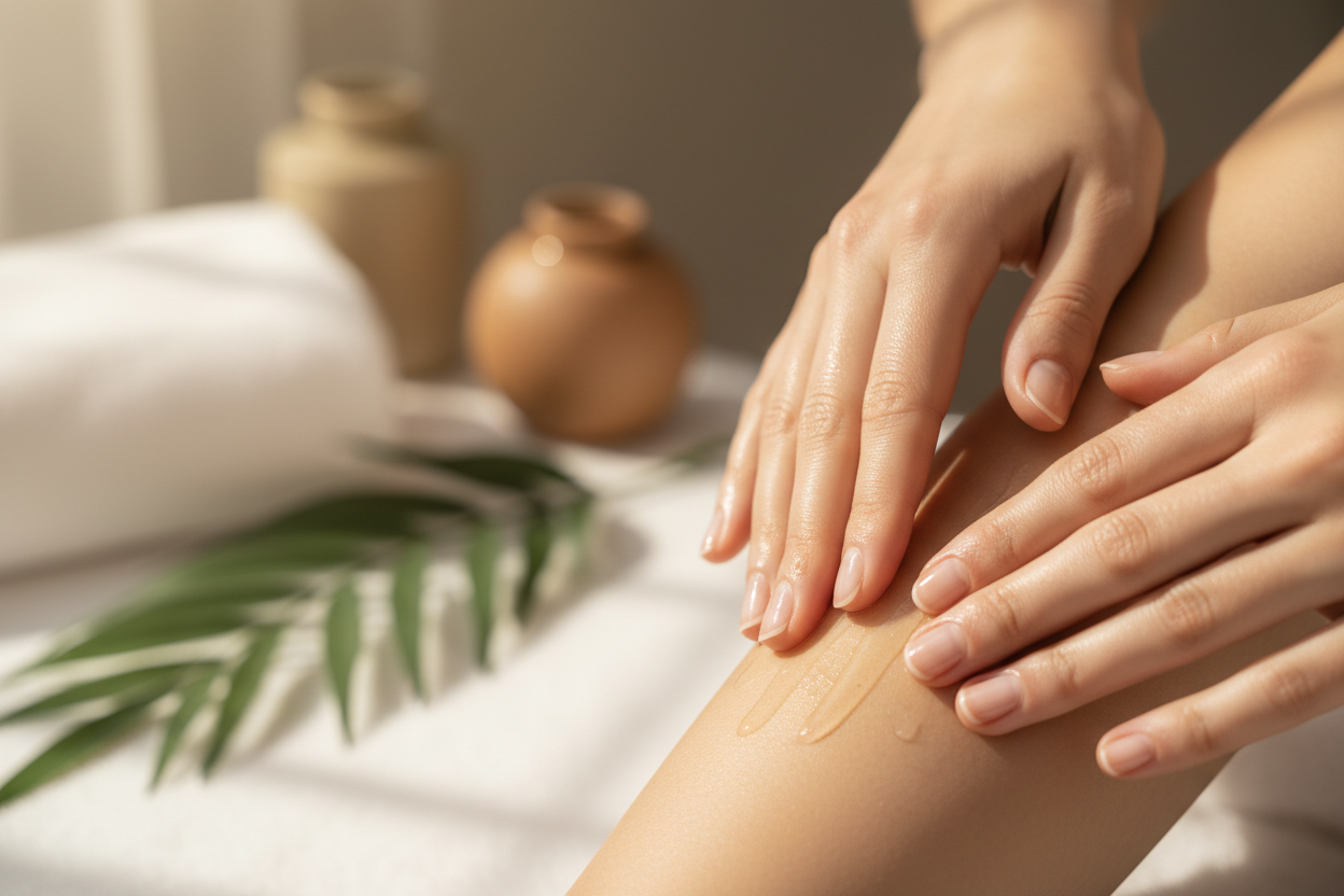 picture of a person rubbing body oil into their skin