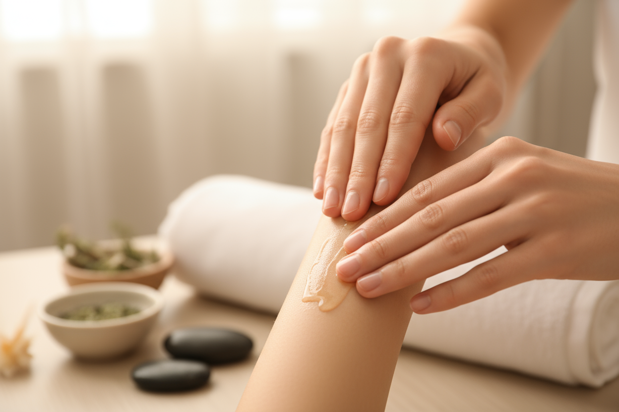 using body oil, rubbing the body oil into the arm